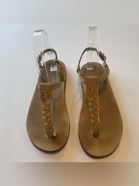 Rainbow Braided T-strap Tan Leather Women's Sandals Sz Small 5.5 - 6.5